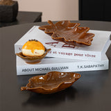 Brown glazed leaf patterned ceramic storage tray set