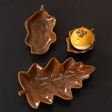 Brown glazed leaf patterned ceramic storage tray set