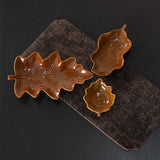 Brown glazed leaf patterned ceramic storage tray set
